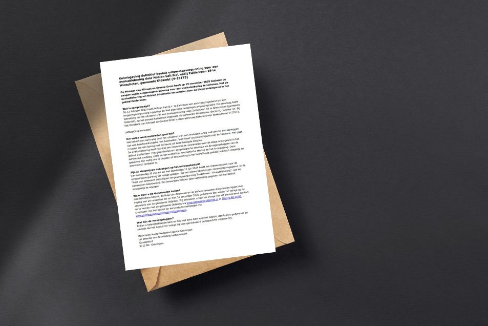 Ministerie publiceert definitief besluit voor vergunning evaluatieboring in Zuiderveen